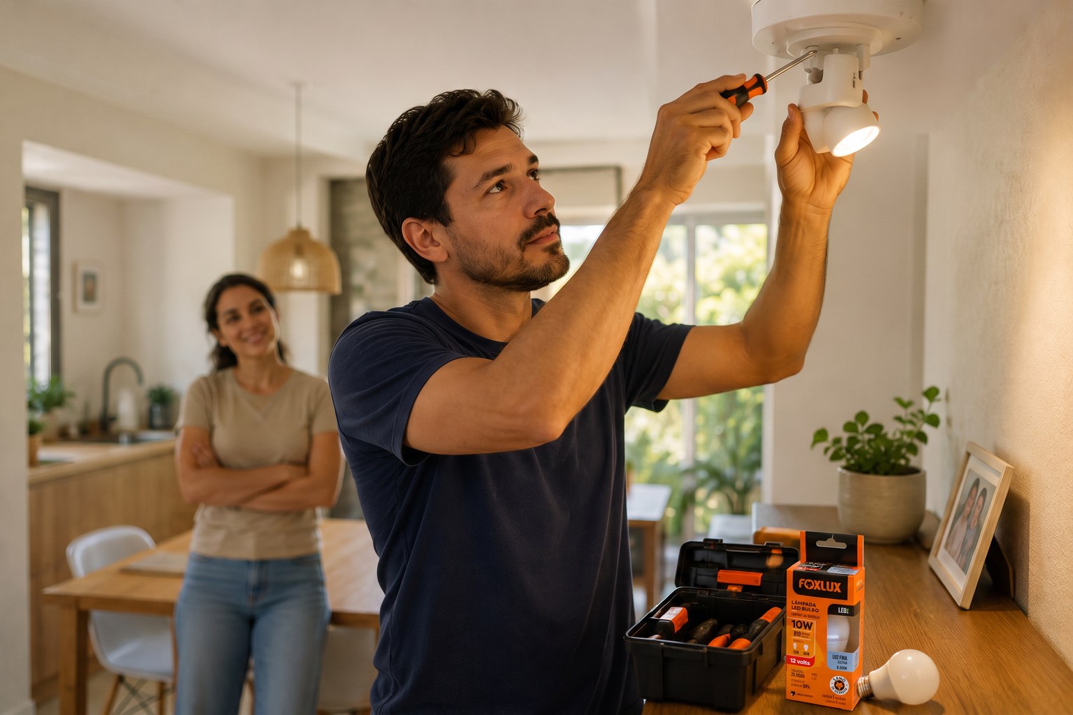 Homem trocando uma lâmpada em casa com chave de fenda, ao lado de maleta de ferramentas e caixa de lâmpada LED Foxlux